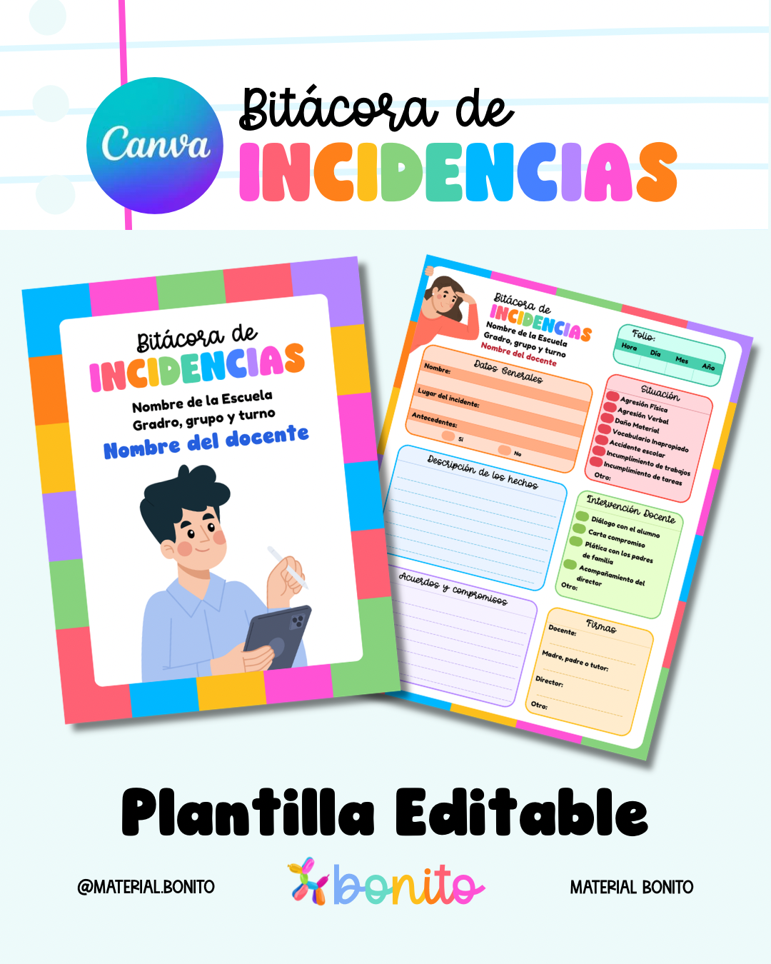 Plantilla Editable: Bitácora de Incidencias Escolar (Canva)