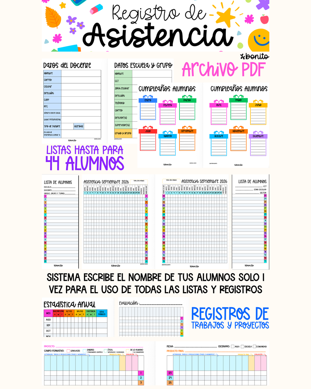 PDF imprimible: Registro de Asistencia + Proyecto + Evaluación 2026-2027