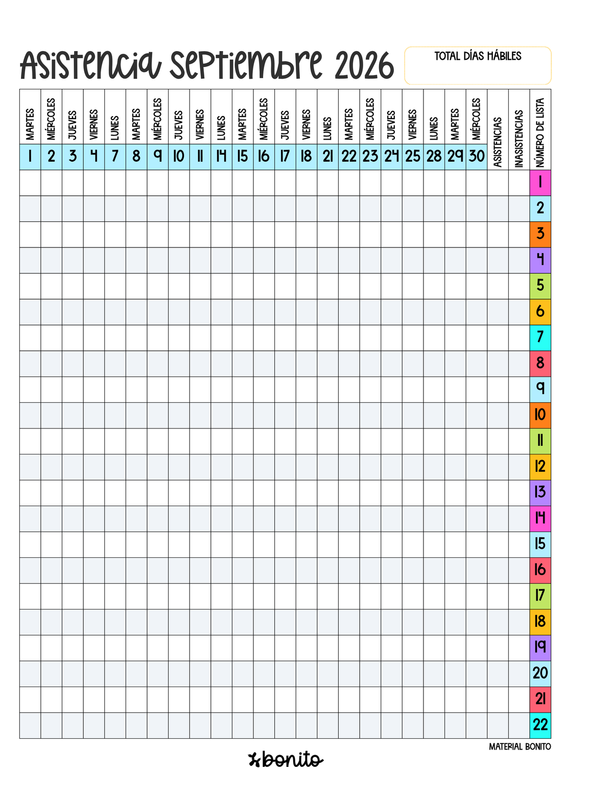 PDF imprimible: Registro de Asistencia + Proyecto + Evaluación 2026-2027