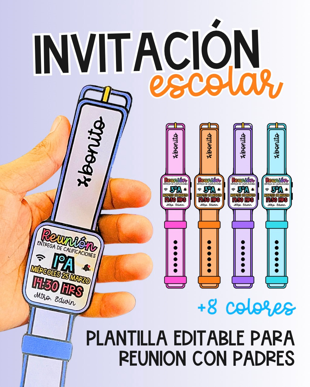 Plantilla Editable: Invitaciones tipo Reloj para Reunión de Padres (Canva)