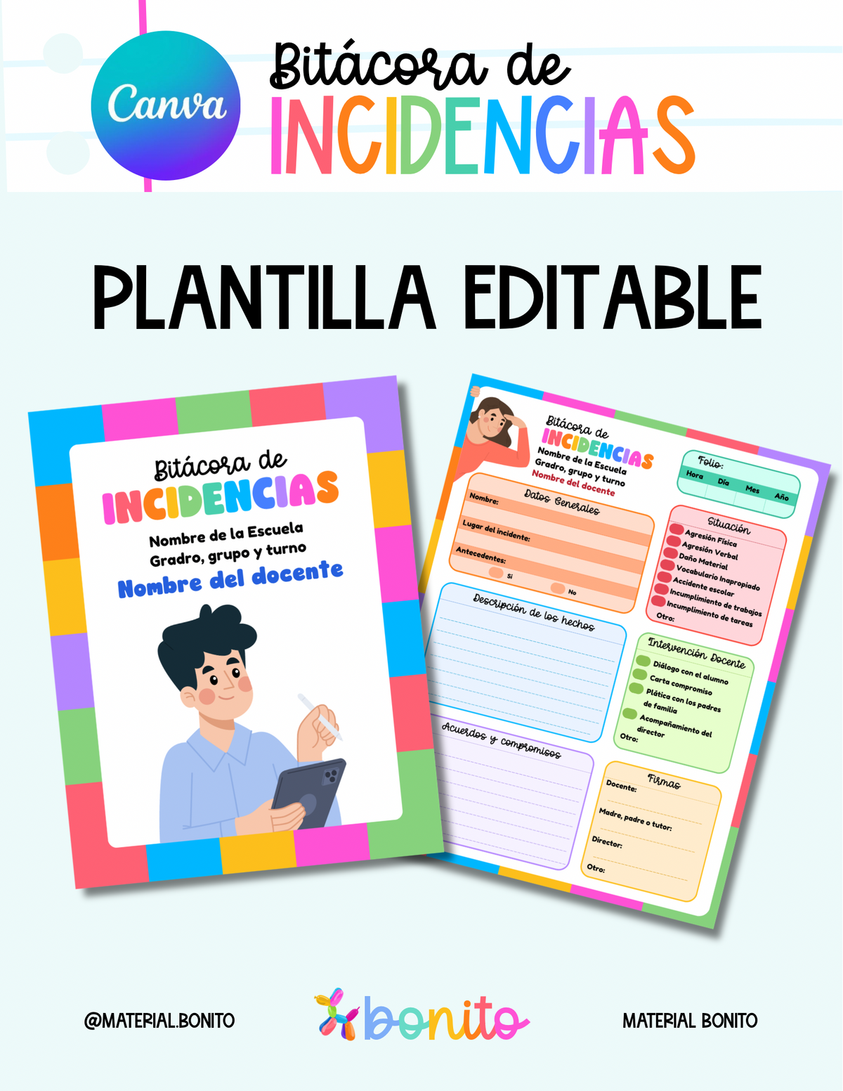 Plantilla Editable: Bitácora de Incidencias Escolar (Canva + PDF)