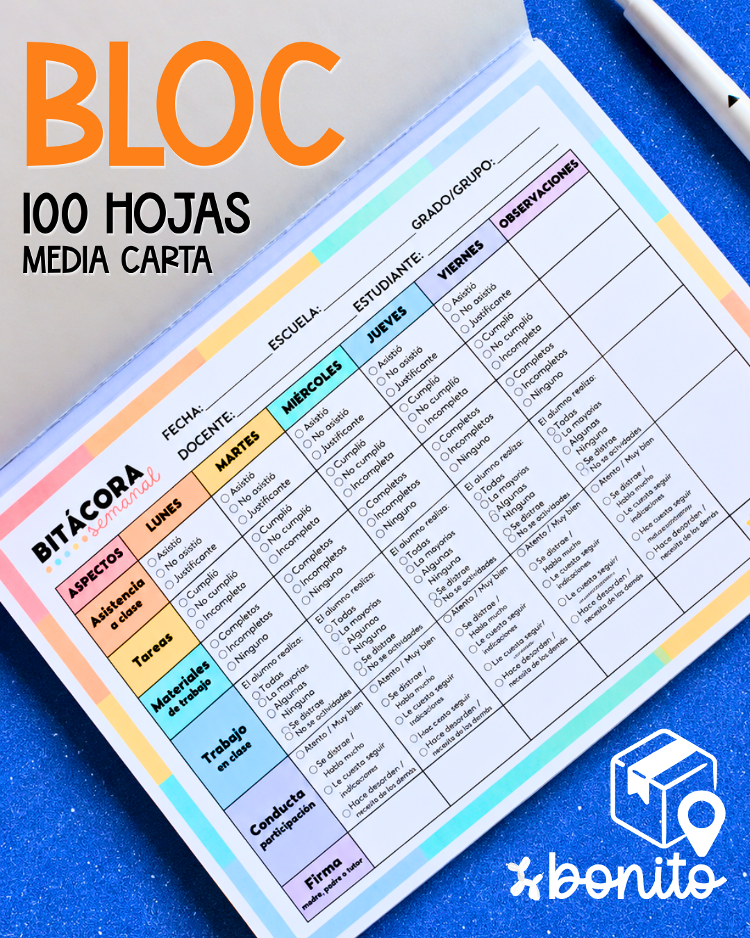 BLOC: Bitácora de Seguimiento Semanal (100 Hojas)